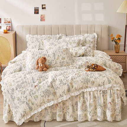 91家纺网 家纺一手货源 找家纺 （总）恋尚 2024新款小竺棉印花夹棉床笠式床裙四件套