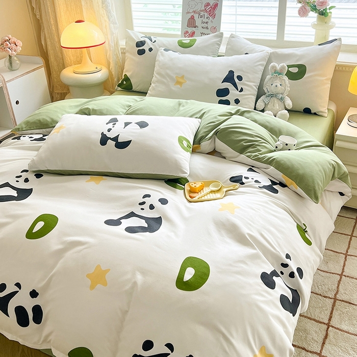 91家纺网 家纺一手货源 找家纺 妖妖家纺 2024新款超柔软糯水洗云朵棉印花四季款四件套 熊猫乐园