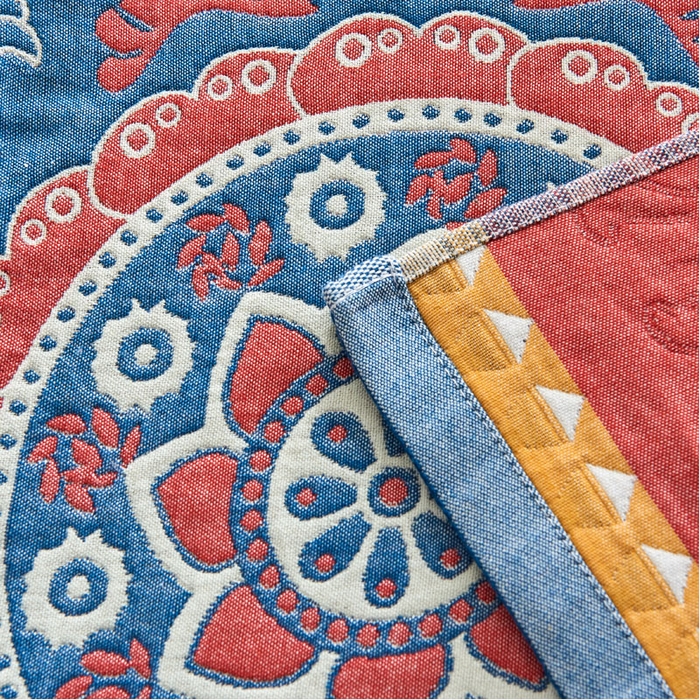 91家纺网 家纺一手货源 找家纺 朴尔毛巾被 2024年民族风彩棉系列四层纱布枕巾 太阳花兰52*78cm/一对