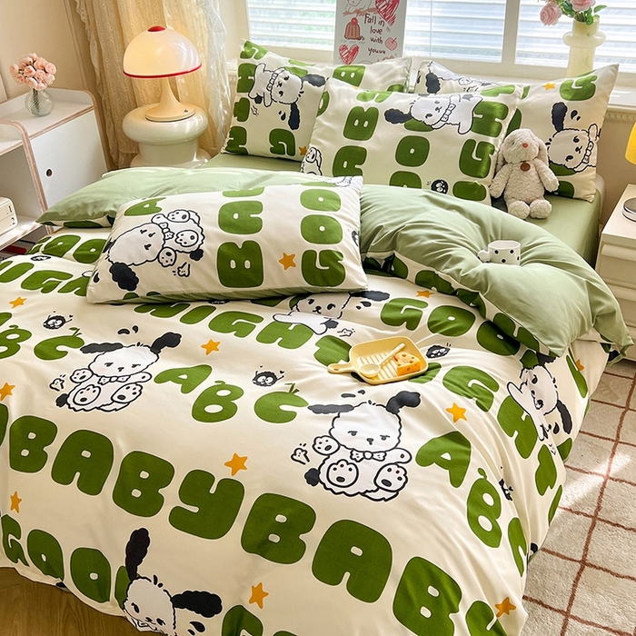 91家纺网 家纺一手货源 找家纺 妖妖家纺 2024新款超柔软糯水洗云朵棉印花四季款四件套 字母狗