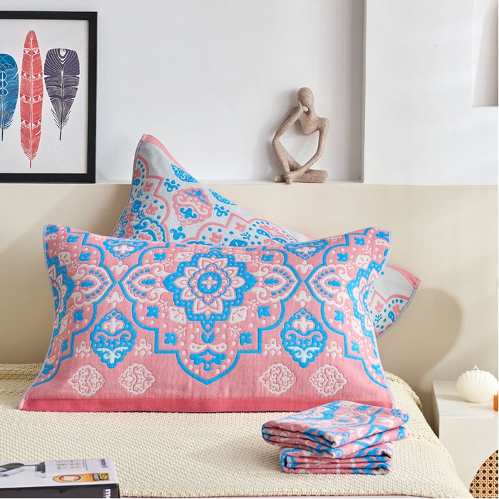 91家纺网 家纺一手货源 找家纺 朴尔毛巾被 2024年民族风彩棉系列四层纱布枕巾 普罗旺斯-粉52*78cm/一对