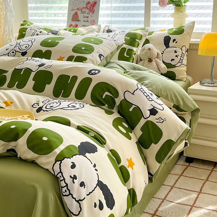 91家纺网 家纺一手货源 找家纺 妖妖家纺 2024新款超柔软糯水洗云朵棉印花四季款四件套 字母狗