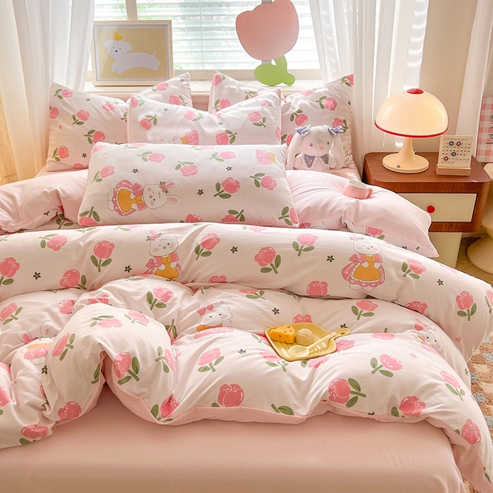 91家纺网 家纺一手货源 找家纺 妖妖家纺 2024新款超柔软糯水洗云朵棉印花四季款四件套 香香兔