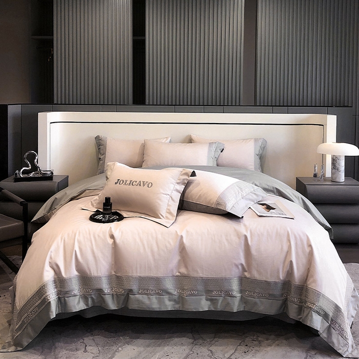 91家纺网 家纺一手货源 找家纺  【2024高端奢品】A类母婴级100支长绒棉四件套重工刺绣轻奢风拼接款澳棉简约床上用品   奥蒂斯-玉珠粉