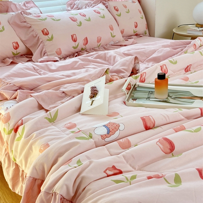 91家纺网 家纺一手货源 找家纺 仟网汇 2024新款韩版糯糯棉花边夏被四件套田园法式 郁金香兔