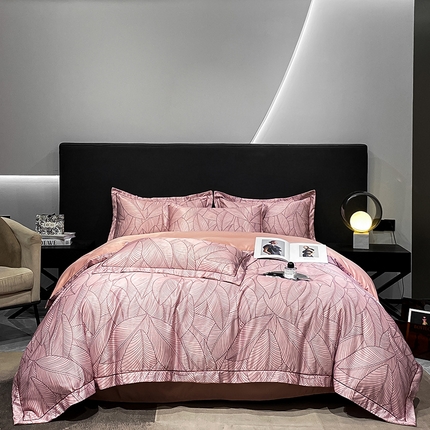 91家纺网 家纺一手货源 找家纺 金阳光家纺 2024新款水洗天丝数码印花四件套家用床品套件 叶叶相思-粉