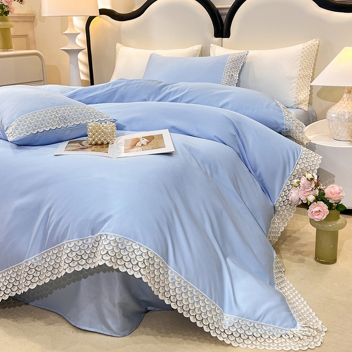 91家纺网 家纺一手货源 找家纺 艾米家居 2025水洗真丝鱼鳞边艾琳系列 艾琳天蓝