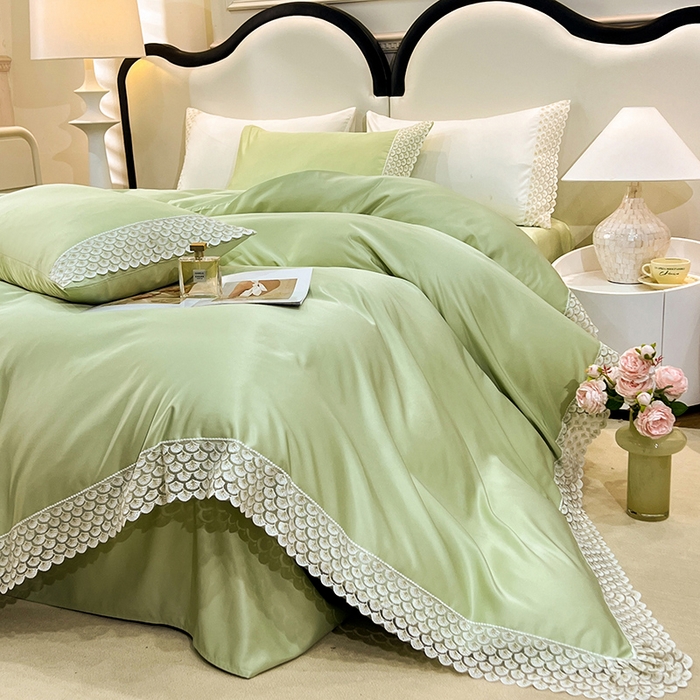 91家纺网 家纺一手货源 找家纺 艾米家居 2025水洗真丝鱼鳞边艾琳系列 艾琳水绿