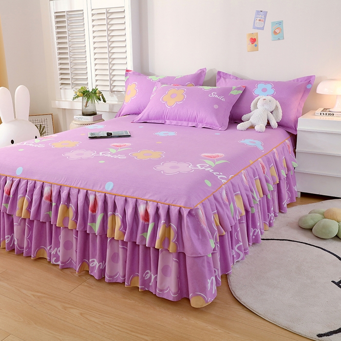 91家纺网 家纺一手货源 找家纺 艾橙 2024新款140克植物羊绒双边单床裙 春晓西岸（紫）