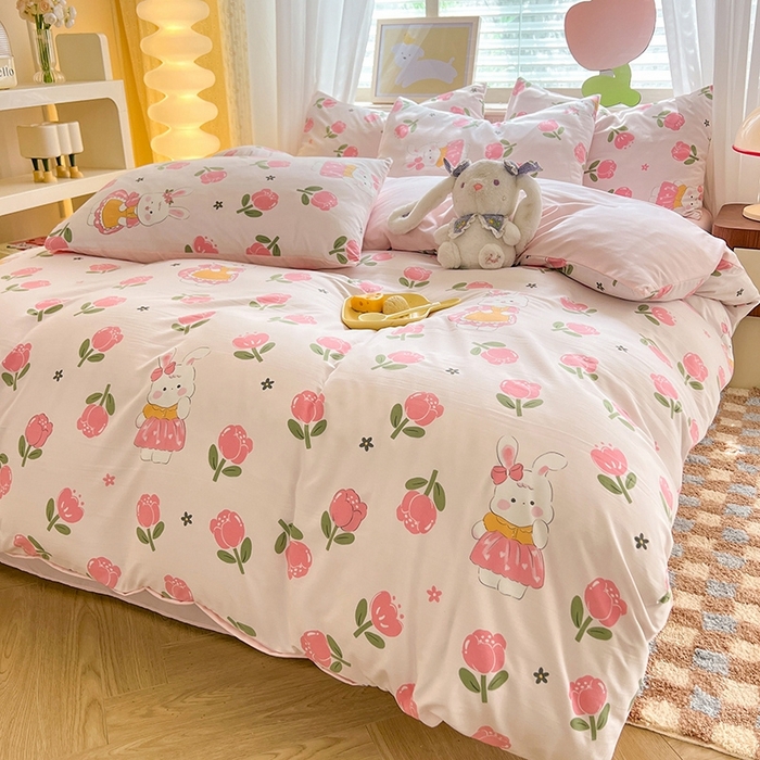 91家纺网 家纺一手货源 找家纺 妖妖家纺 2024新款超柔软糯水洗云朵棉印花四季款四件套 香香兔