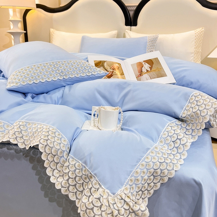 91家纺网 家纺一手货源 找家纺 艾米家居 2025水洗真丝鱼鳞边艾琳系列 艾琳天蓝