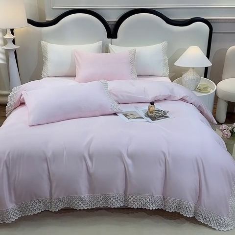 91家纺网 家纺一手货源 找家纺 艾米家居 2025水洗真丝鱼鳞边艾琳系列 艾琳粉