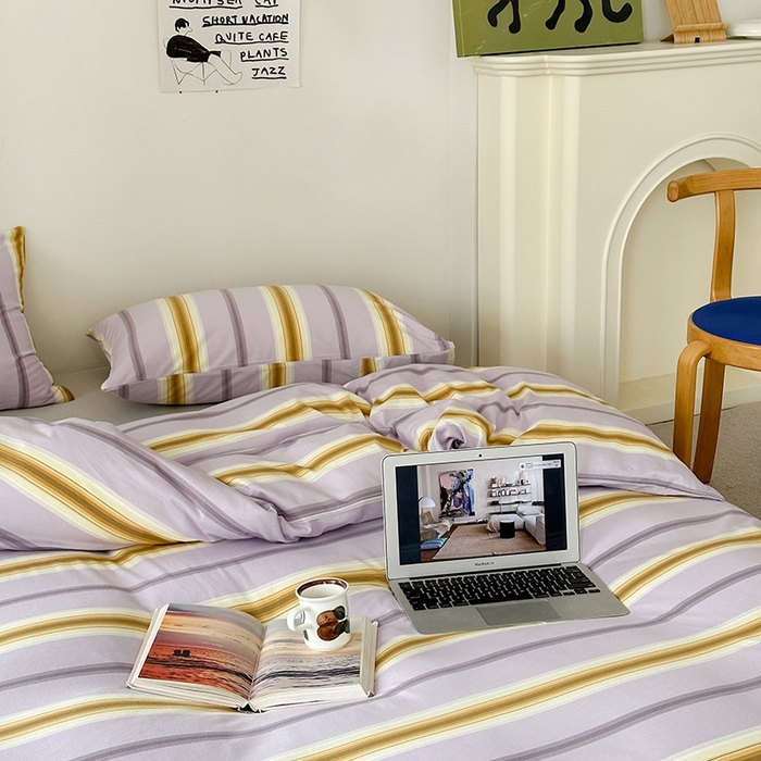 91家纺网 家纺一手货源 找家纺 恋尚羽家纺 2025新款A类母婴级印花全棉针织棉四件套 多彩条