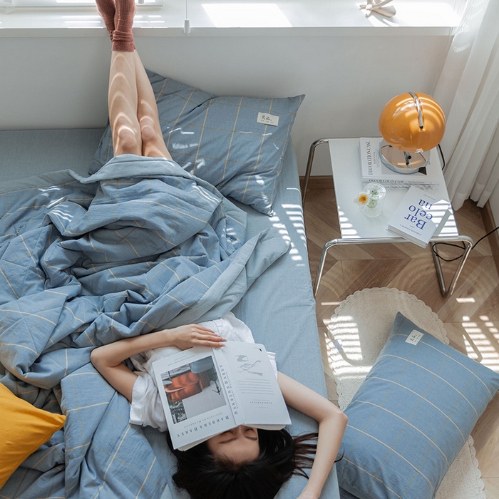 91家纺网 家纺一手货源 找家纺 20%大豆纤维 A类水洗棉夏被四件套夏凉空调被北欧良品-金线格蓝