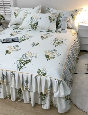 91家纺网 家纺一手货源 找家纺 艾橙 2024新款140克植物羊绒双边单床裙 斐叶花影