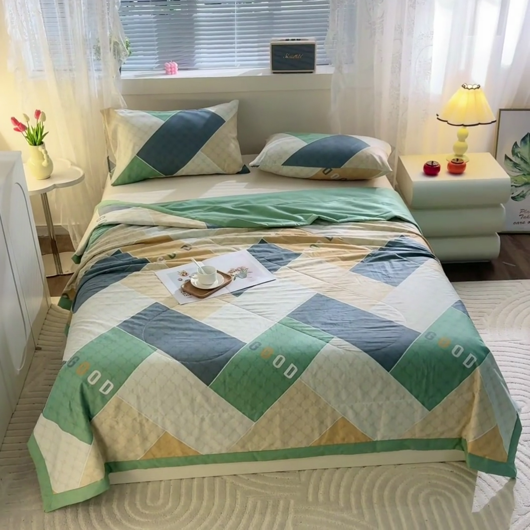 91家纺网 家纺一手货源 找家纺 金柚子2024新款全棉印花夏凉被 街角咖啡-绿