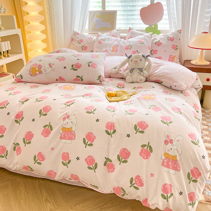 91家纺网 家纺一手货源 找家纺 妖妖家纺 2024新款超柔软糯水洗云朵棉印花四季款四件套 香香兔