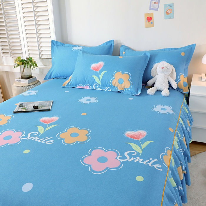 91家纺网 家纺一手货源 找家纺 艾橙 2024新款140克植物羊绒双边单床裙 春晓西岸（蓝）