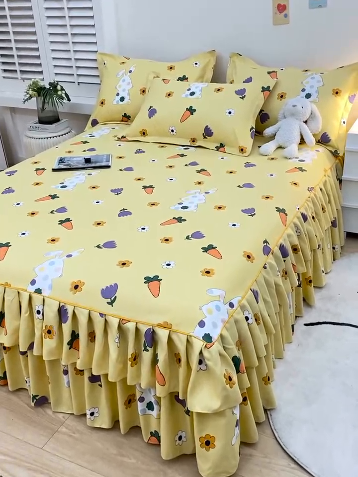 91家纺网 家纺一手货源 找家纺 艾橙 2024新款140克植物羊绒双边单床裙 甜美春光