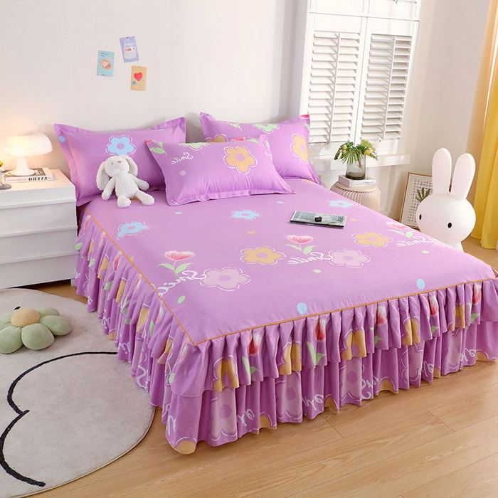 91家纺网 家纺一手货源 找家纺 艾橙 2024新款140克植物羊绒双边单床裙 春晓西岸（紫）