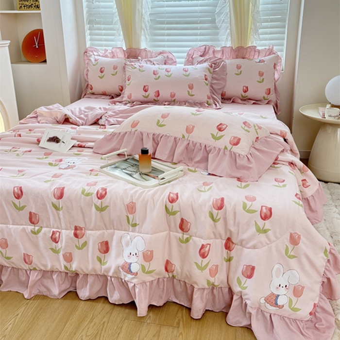 91家纺网 家纺一手货源 找家纺 仟网汇 2024新款韩版糯糯棉花边夏被四件套田园法式 郁金香兔