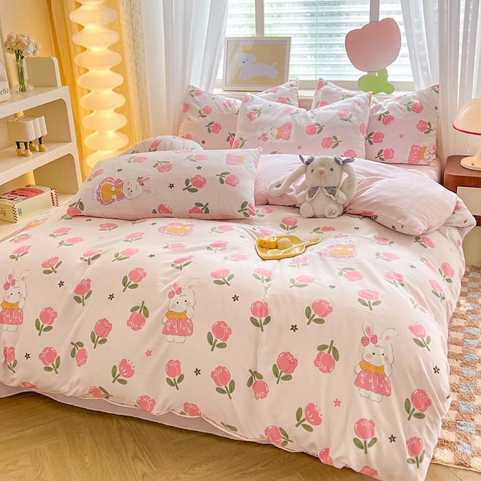 91家纺网 家纺一手货源 找家纺 妖妖家纺 2024新款超柔软糯水洗云朵棉印花四季款四件套 香香兔