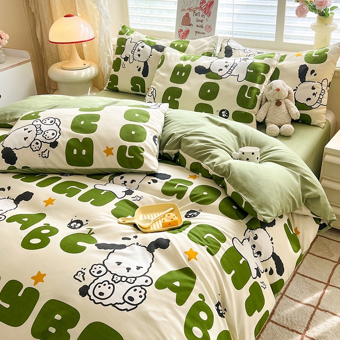 91家纺网 家纺一手货源 找家纺 妖妖家纺 2024新款超柔软糯水洗云朵棉印花四季款四件套 字母狗