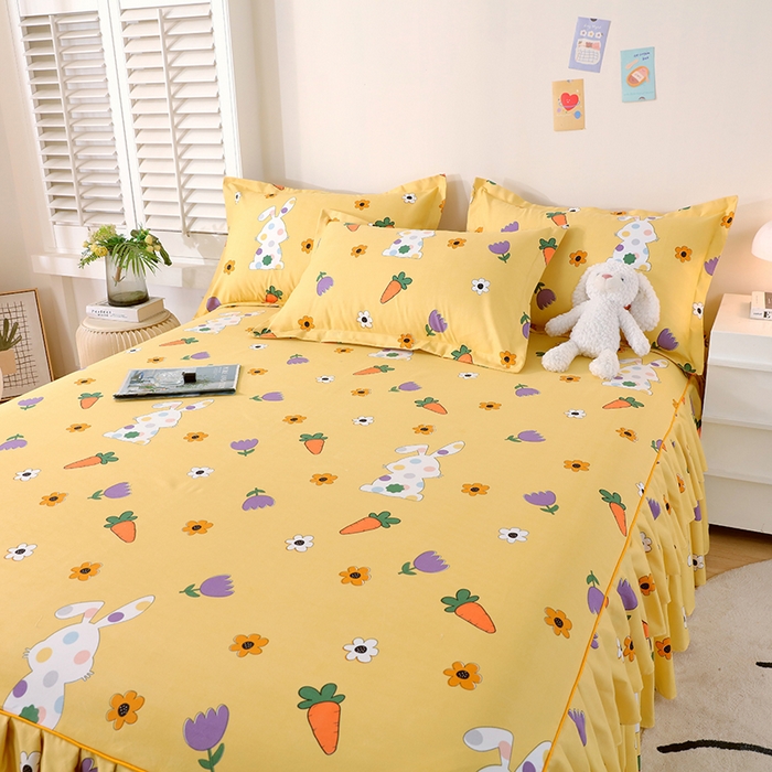 91家纺网 家纺一手货源 找家纺 艾橙 2024新款140克植物羊绒双边单床裙 甜美春光