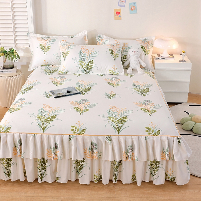 91家纺网 家纺一手货源 找家纺 艾橙 2024新款140克植物羊绒双边单床裙 斐叶花影