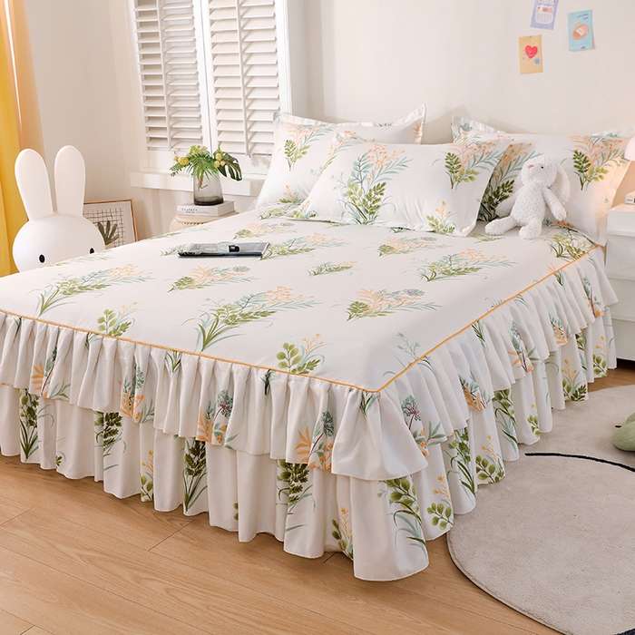 91家纺网 家纺一手货源 找家纺 艾橙 2024新款140克植物羊绒双边单床裙 斐叶花影