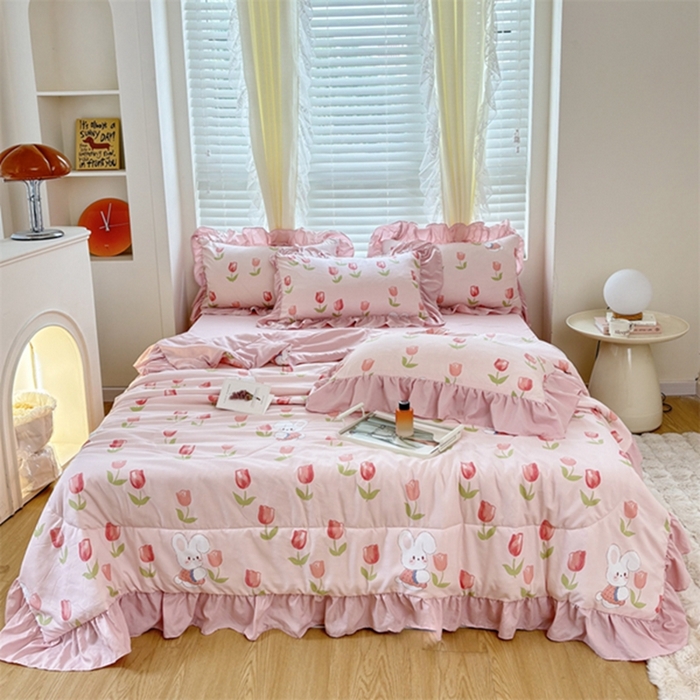 91家纺网 家纺一手货源 找家纺 仟网汇 2024新款韩版糯糯棉花边夏被四件套田园法式 郁金香兔