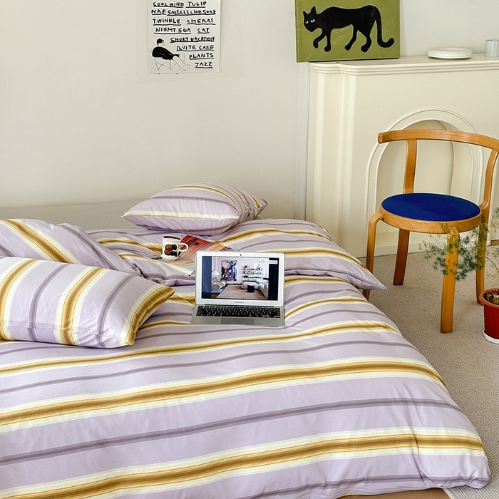 91家纺网 家纺一手货源 找家纺 恋尚羽家纺 2025新款A类母婴级印花全棉针织棉四件套 多彩条