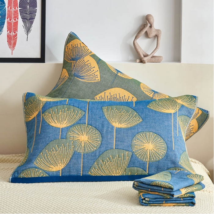 91家纺网 家纺一手货源 找家纺 朴尔毛巾被 2024年民族风彩棉系列四层纱布枕巾 梦幻蒲公英蓝52*78cm/一对