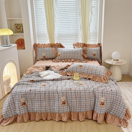 91家纺网 家纺一手货源 找家纺 仟网汇 2024新款韩版糯糯棉花边夏被四件套田园法式 绅士熊