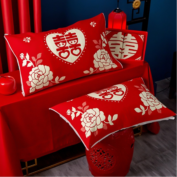 91家纺网 家纺一手货源 找家纺 朴尔家纺-毛巾被 2024年婚庆系列大红四层纱布枕巾 双喜临门 52*78/对