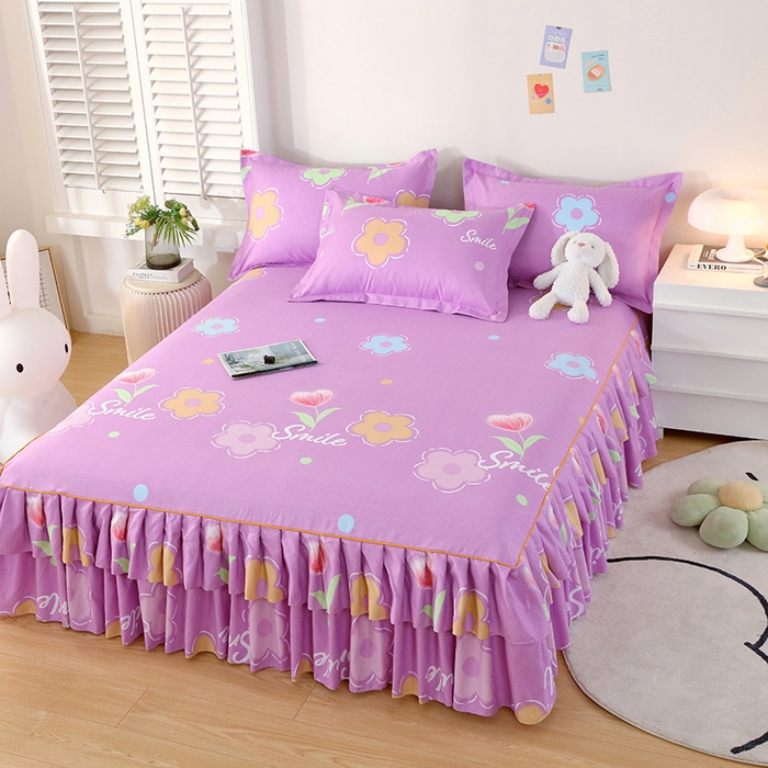 91家纺网 家纺一手货源 找家纺 艾橙 2024新款140克植物羊绒双边单床裙 春晓西岸（紫）