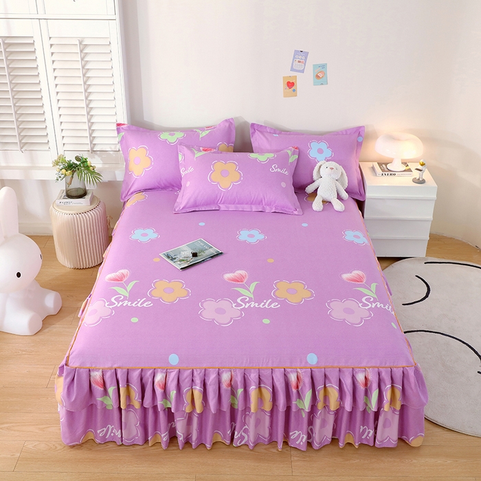 91家纺网 家纺一手货源 找家纺 艾橙 2024新款140克植物羊绒双边单床裙 春晓西岸（紫）