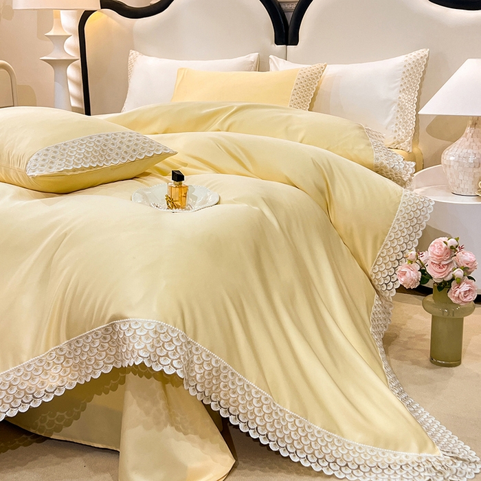 91家纺网 家纺一手货源 找家纺 艾米家居 2025水洗真丝鱼鳞边艾琳系列 艾琳黄