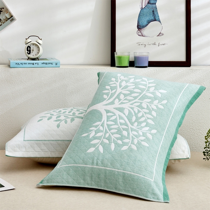 91家纺网 家纺一手货源 找家纺 朴尔家纺 2024新款混纺三层纱布枕巾 幸运树-浅绿 52*78/对