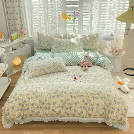 91家纺网 家纺一手货源 找家纺 （总）大米家居2024韩版公主风小雏菊棋盘格雪纺花边海岛棉磨毛水洗棉四件套