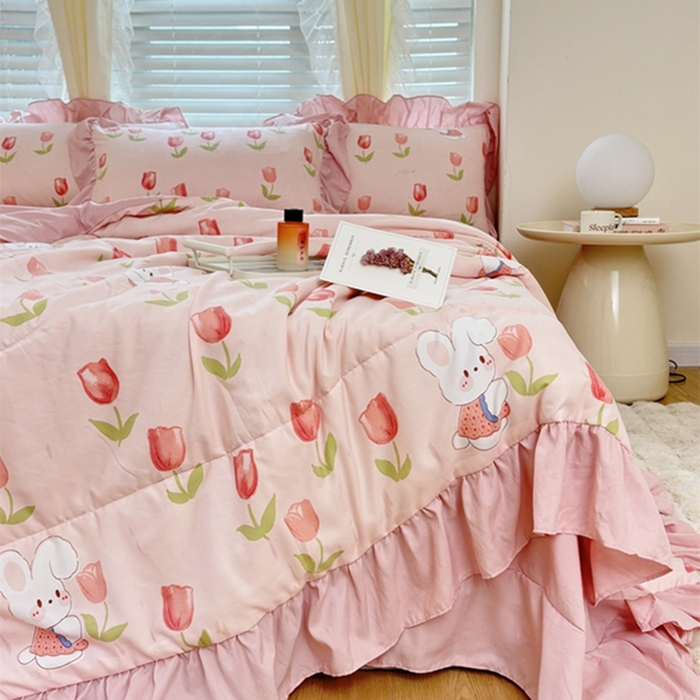 91家纺网 家纺一手货源 找家纺 仟网汇 2024新款韩版糯糯棉花边夏被四件套田园法式 郁金香兔