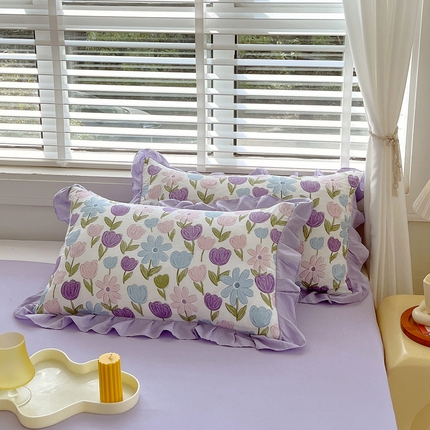 91家纺网 家纺一手货源 找家纺 美宜家 2025新款水洗棉麻印花枕套 郁金香