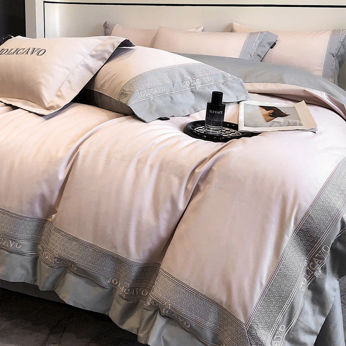 91家纺网 家纺一手货源 找家纺  【2024高端奢品】A类母婴级100支长绒棉四件套重工刺绣轻奢风拼接款澳棉简约床上用品   奥蒂斯-玉珠粉