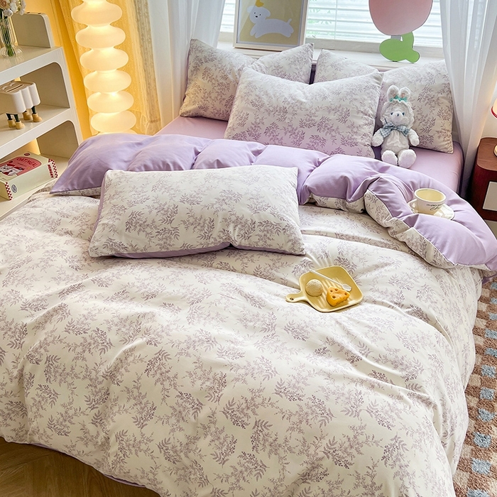 91家纺网 家纺一手货源 找家纺 妖妖家纺 2024新款超柔软糯水洗云朵棉印花四季款四件套 紫烨