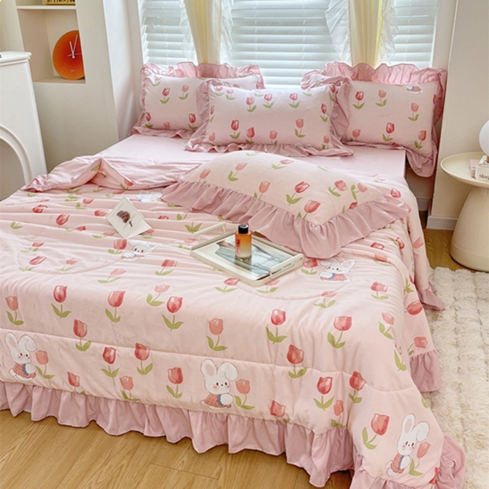 91家纺网 家纺一手货源 找家纺 仟网汇 2024新款韩版糯糯棉花边夏被四件套田园法式 郁金香兔