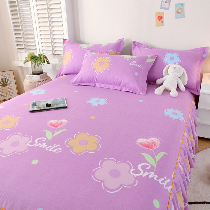 91家纺网 家纺一手货源 找家纺 艾橙 2024新款140克植物羊绒双边单床裙 春晓西岸（紫）