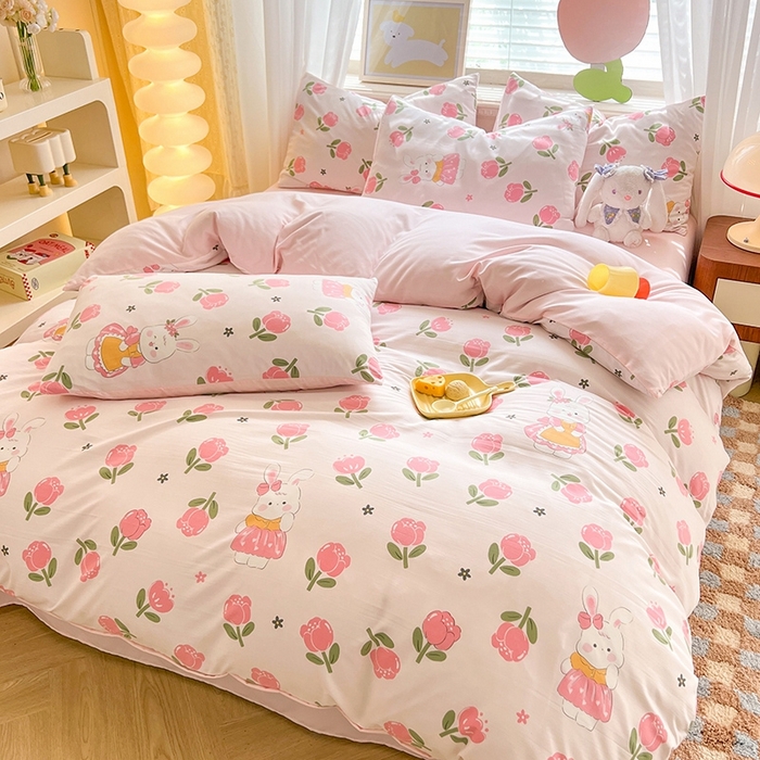 91家纺网 家纺一手货源 找家纺 妖妖家纺 2024新款超柔软糯水洗云朵棉印花四季款四件套 香香兔