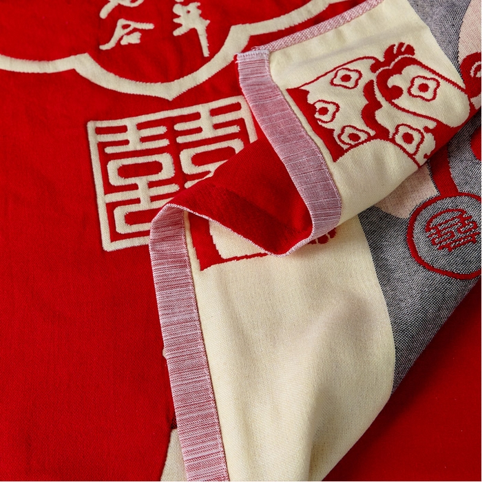 91家纺网 家纺一手货源 找家纺 朴尔家纺-毛巾被 2024年婚庆系列大红四层纱布枕巾 称心如意 52*78/对