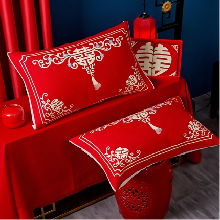91家纺网 家纺一手货源 找家纺 朴尔家纺-毛巾被 2024年婚庆系列大红四层纱布枕巾 喜气洋洋 52*78/对