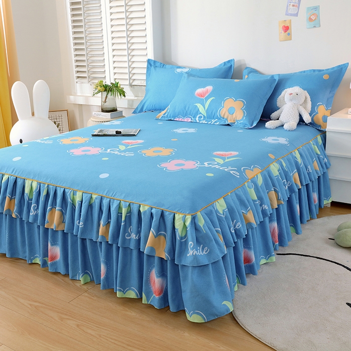 91家纺网 家纺一手货源 找家纺 艾橙 2024新款140克植物羊绒双边单床裙 春晓西岸（蓝）